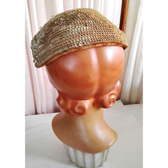 Vintage 1950s Champagne Sequin Cocktail Hat with Pearl Dangles - Picture 5 of 6